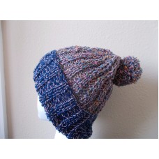 Hand knitted elegant and warm pom pom beanie/hat  cool pink & blue tones  eb-56098792